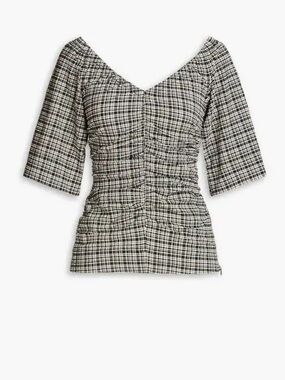 Ganni Black & White Ruched Checked Seersucker Top